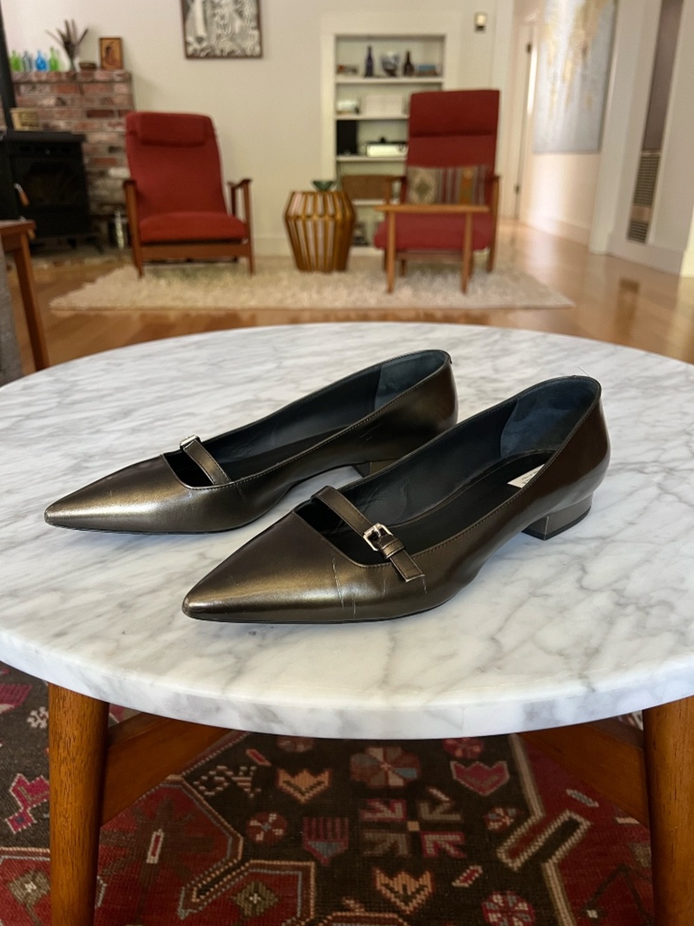 Max Mara Pewter Leather Pointed Toe Mary Jane Flats EU 39.5 - Picture 3 of 9